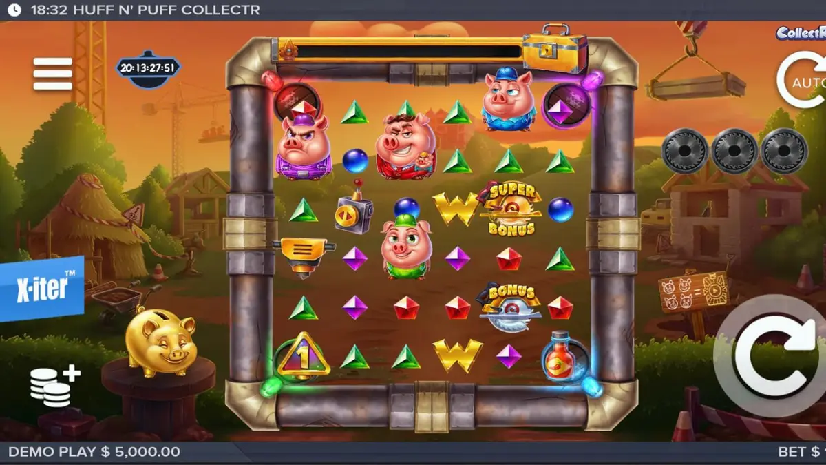 Pemandangan visual penuh warna dari slot Huff n Puff CollectR dengan babi konstruksi dan latar belakang pantai.