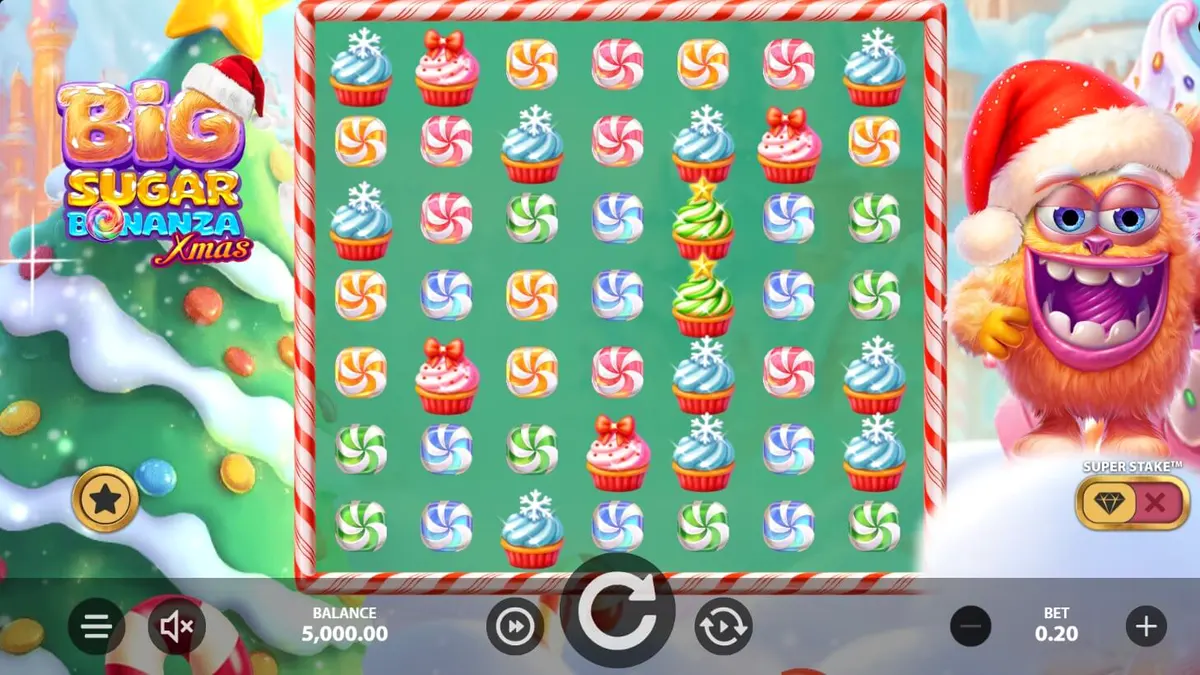Tampilan visual slot Big Sugar Bonanza Xmas dengan tema Natal dan permen