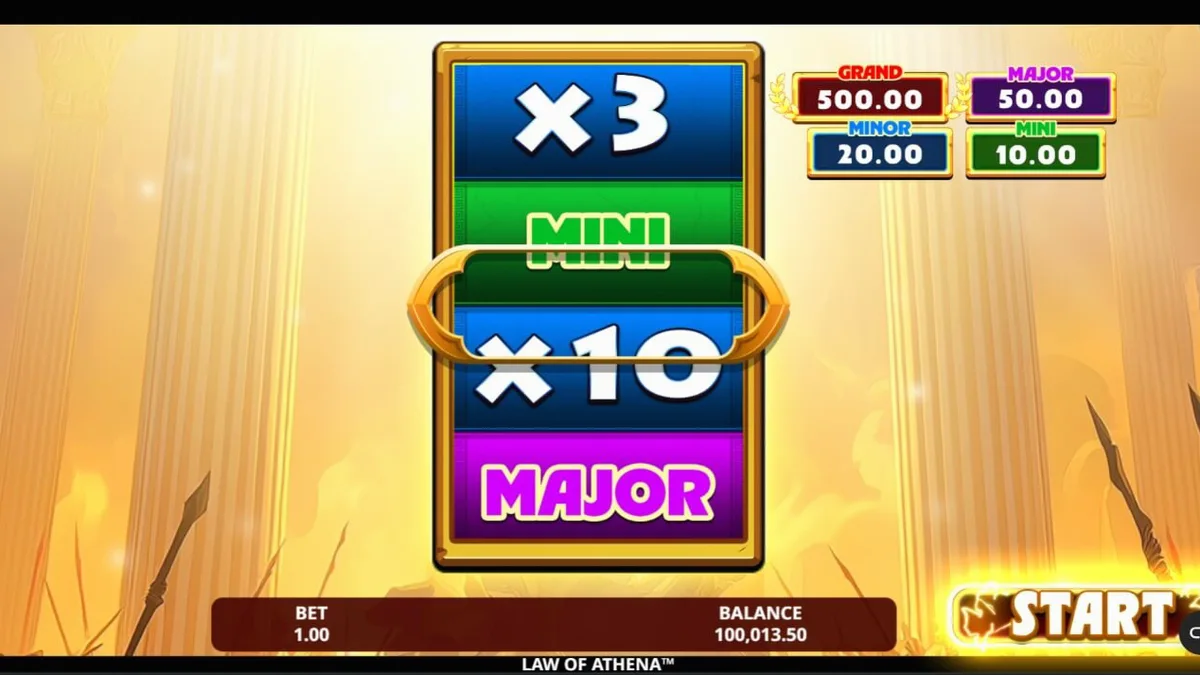 Law of Athena slot game interface with Greek mythology theme